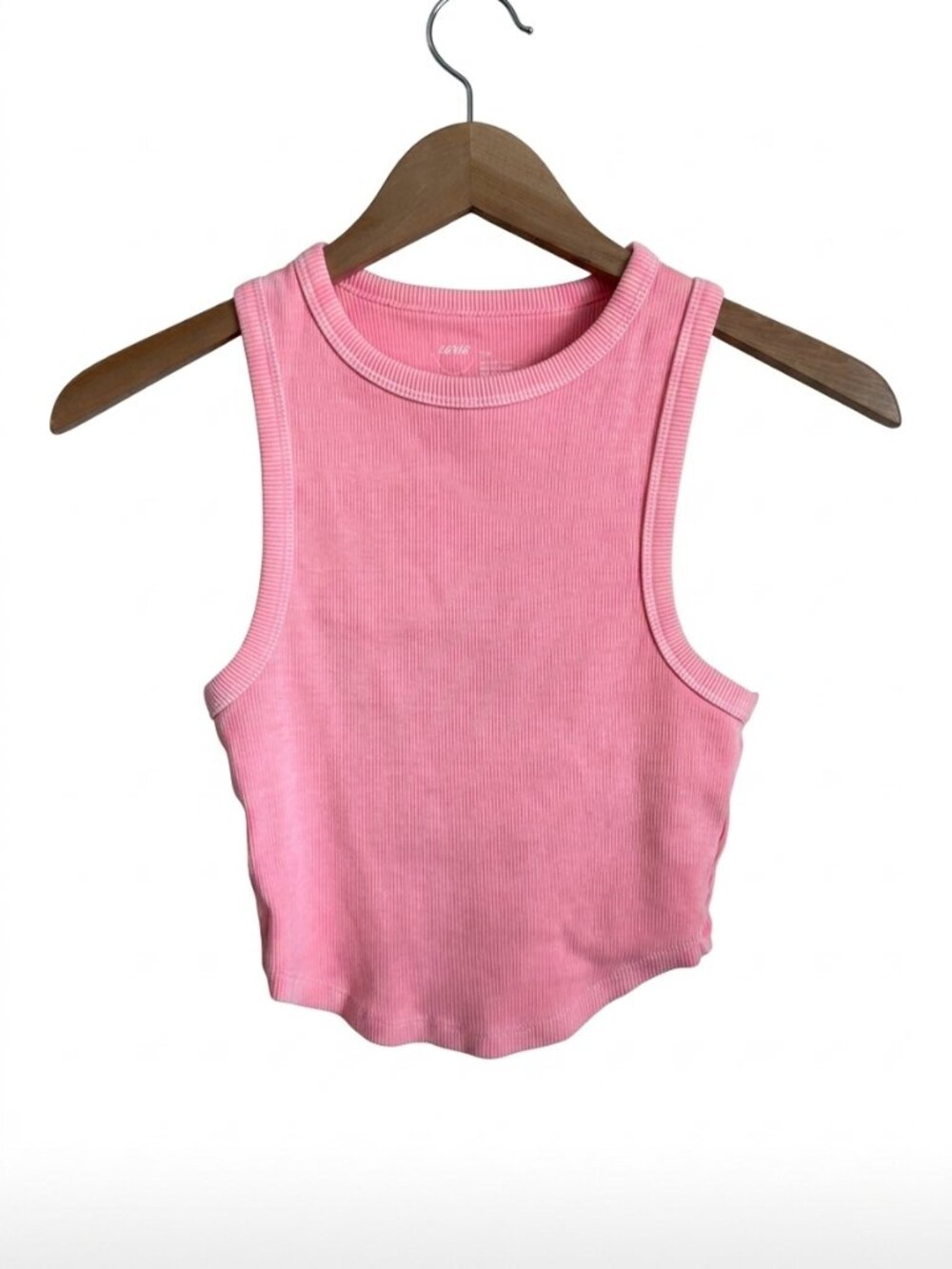 Aerie Pink Ribbed High Neck‎ Crop Tank Top S Cotton Stretch Curved Hem Fitted